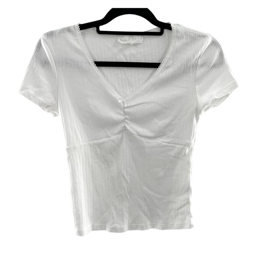 Wild Skye White Ribbed Ruched Coquette Dainty Short Sleeve Shirt Size Medium
